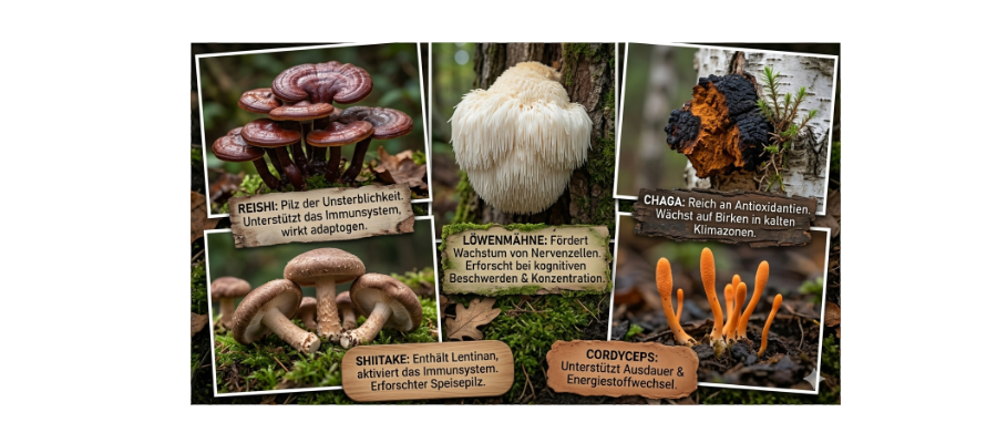 Heilpilze — Reishi, Chaga, Löwenmähne